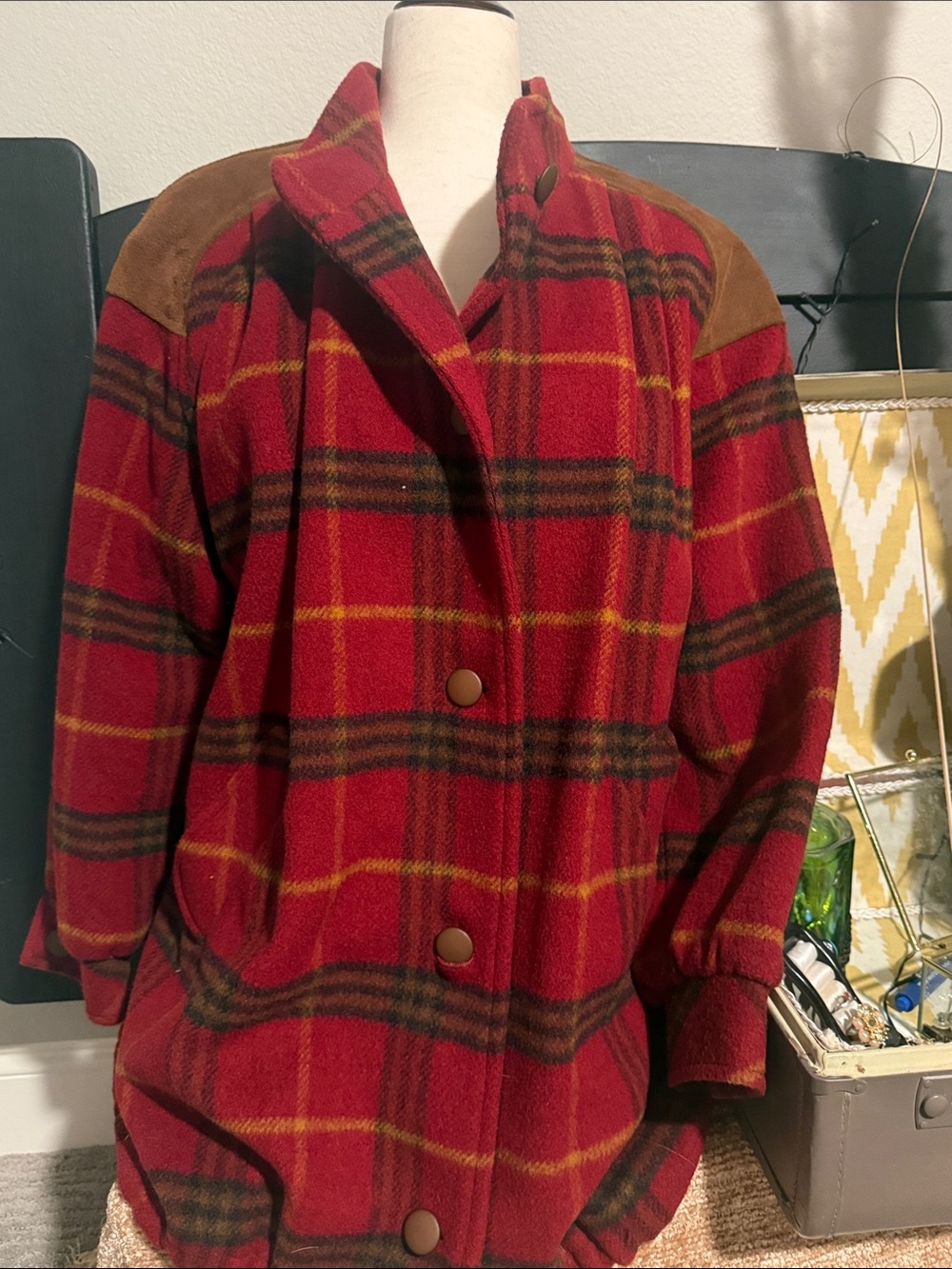 Women’s Red Plaid Wool-Blend Coat with Suede Shoulder Accents
